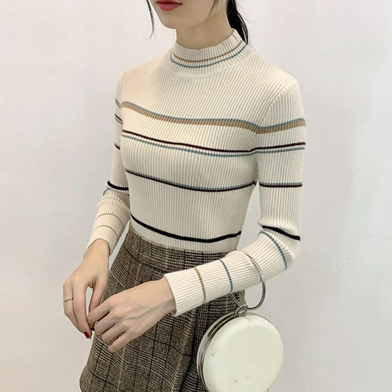 Áo thun dệt kim nữ tay dài cổ lọ kẻ sọc thời trang