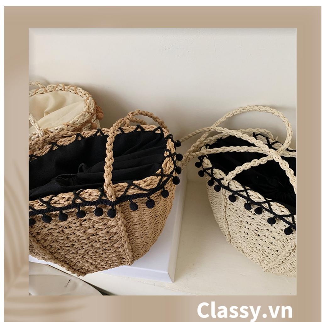 Túi cói Classy đi biển đính hoạ tiết bông gòn đen, kiểu dáng Vintage, có lớp lót trong rộng rãi T331