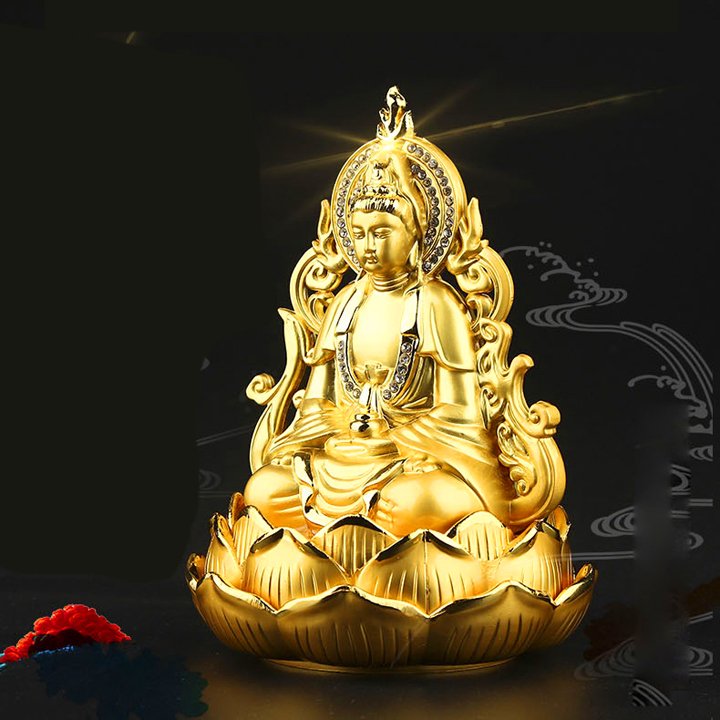 Tượng Phật Quan Âm bằng hợp kim mạ vàng ngồi đài sen để xe ô tô C13