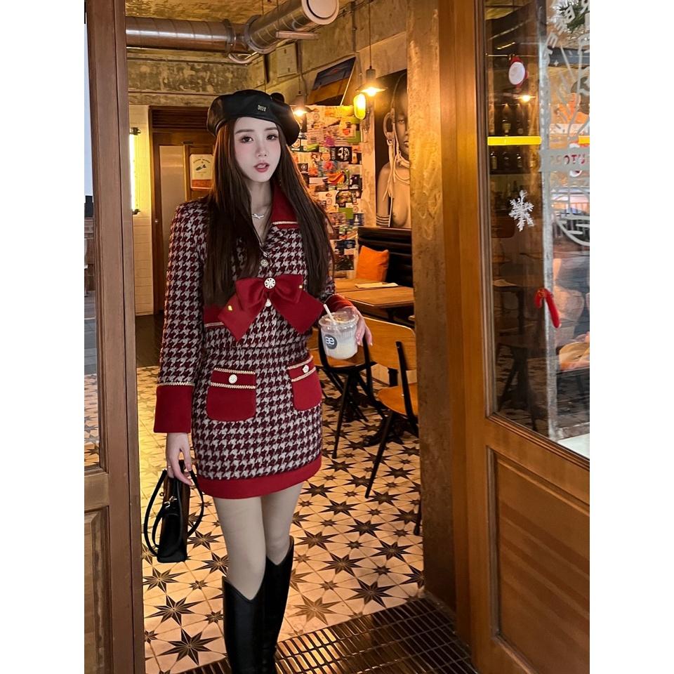Set dạ tweed nơ nhung đỏ