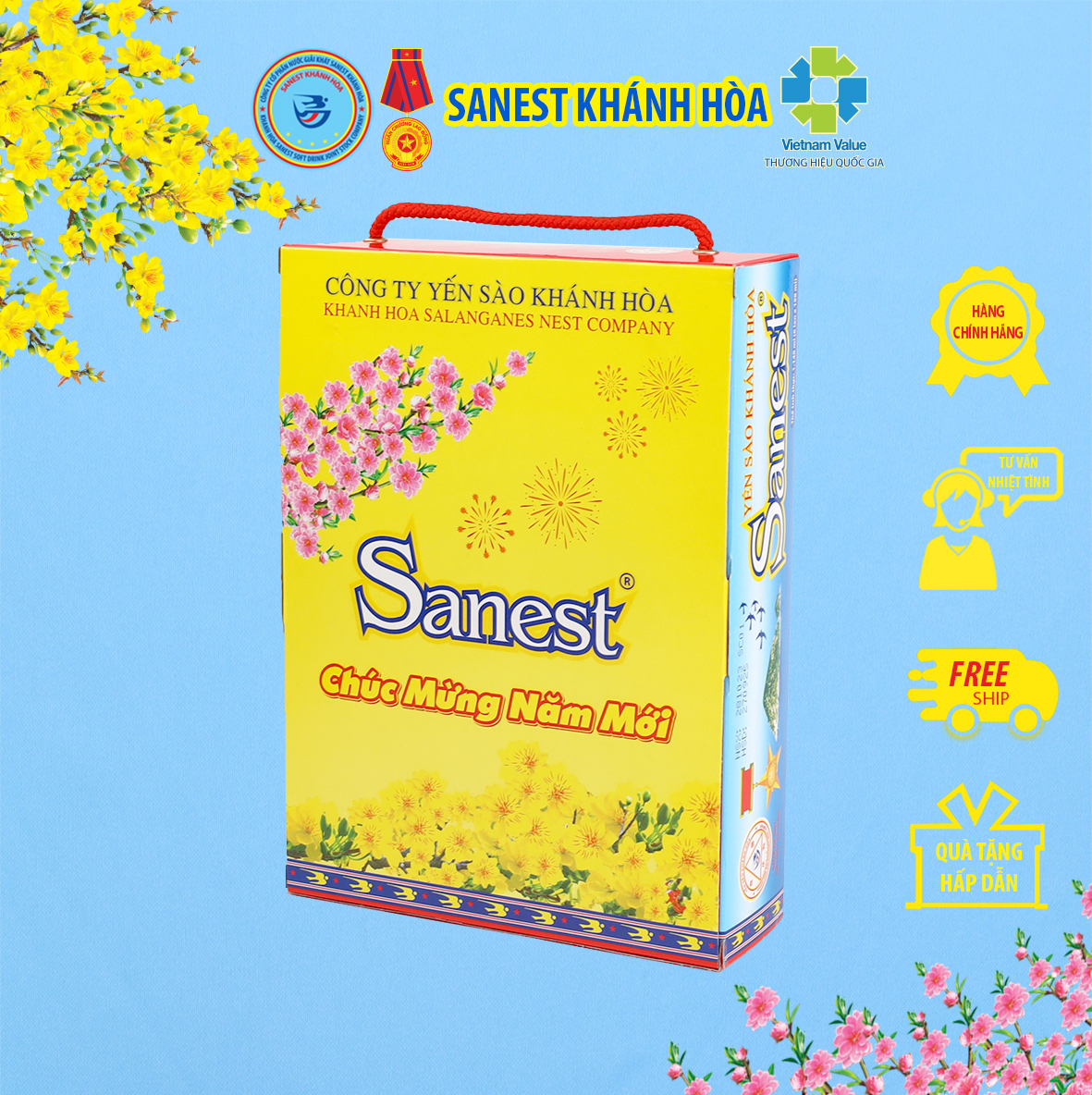Hộp 6 lon Nước Yến sào Khánh Hòa Sanest có đường Xuân - Đóng lon 190ml