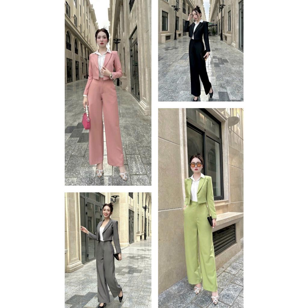 Set Bộ Vest Áo Croptop Quần Ống Suông Sang Trọng