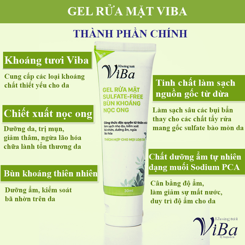 Gel sữa rửa mặt Sulfate-Free Bùn Khoáng Nọc ong - khoáng tươi Viba