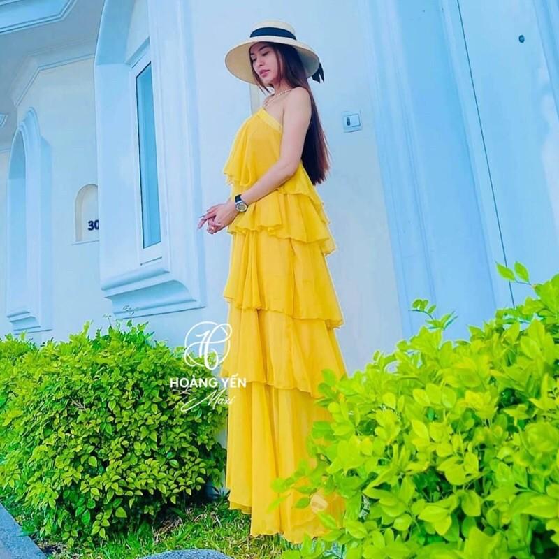Đầm maxi loại 1 chất tơ xịn màu vàng 5 tầng hai dây chất liệu tơ