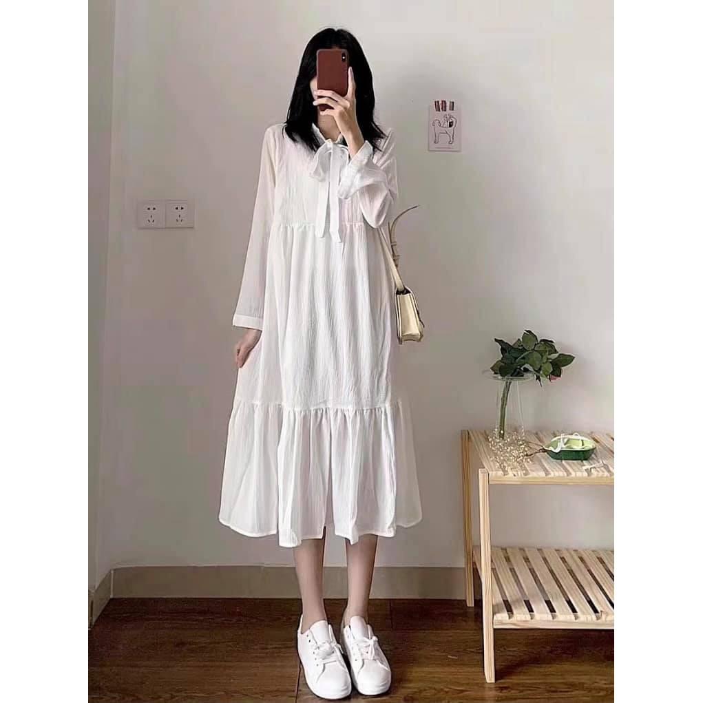 Đầm midi buộc nơ 3 tầng nữ - Váy tay dài viền bèo thiết kế nhẹ nhàng bánh bèo tiểu thư SIÊU HOT ! *