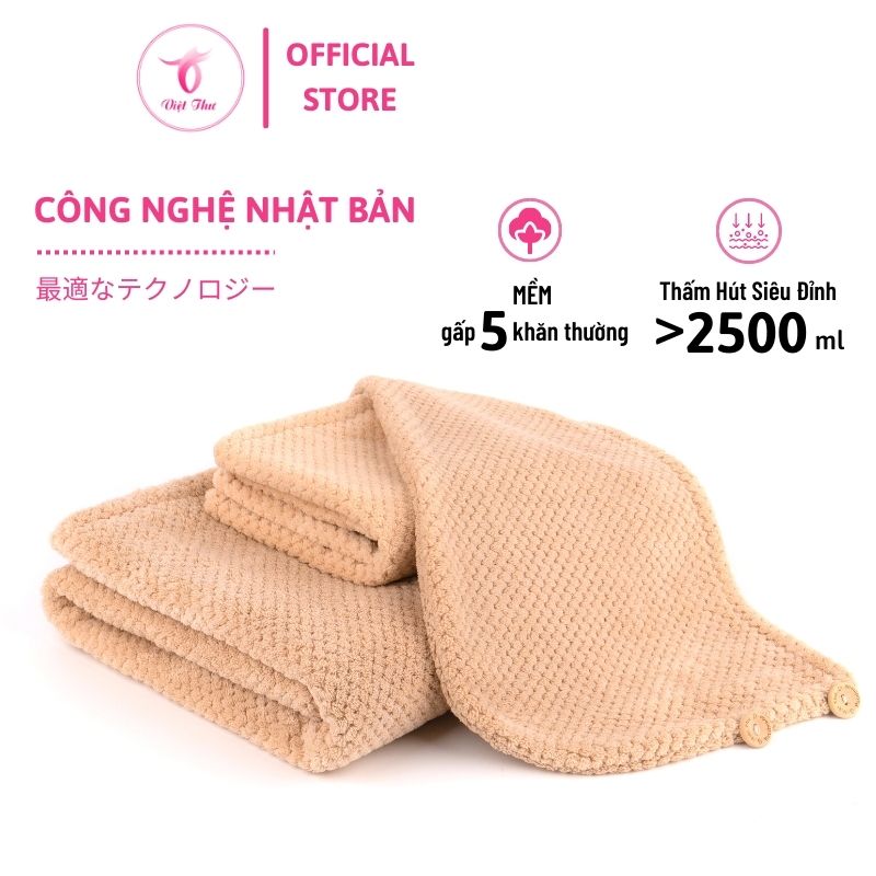 Khăn quấn tóc gội đầu nhanh khô cao cấp sợi Microfiber Việt Thư công nghệ Nhật siêu thấm nước, siêu mềm, bảo vệ tóc - Hàng Chính Hãng