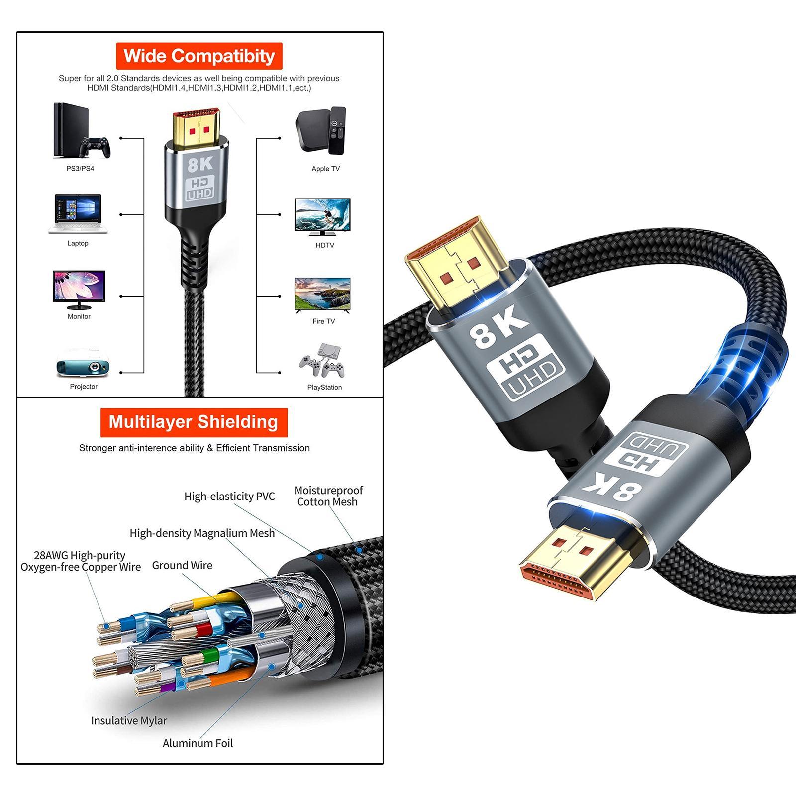 8K HDMI Cable 2.1, 48Gbps Audio Video HD Cable for UHD TV Laptop Game Consoles Projector