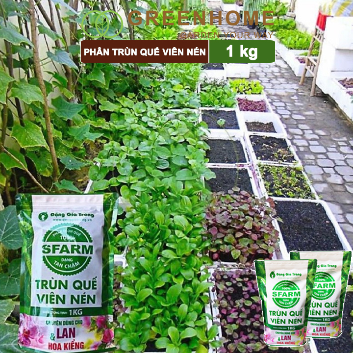 Phân Trùn quế viên nén Sfarm, bao 1kg, nguyên chất,  chuyên bón hoa Lan, cây cảnh, bonsai |Greenhome