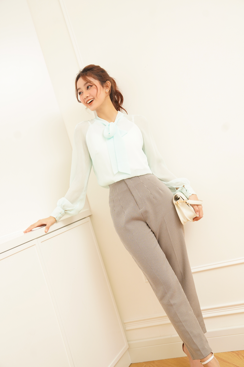 Áo Kiểu Nữ Buộc Nơ GILLEE Voan Xanh Mint Có Lớp Lót Tilly