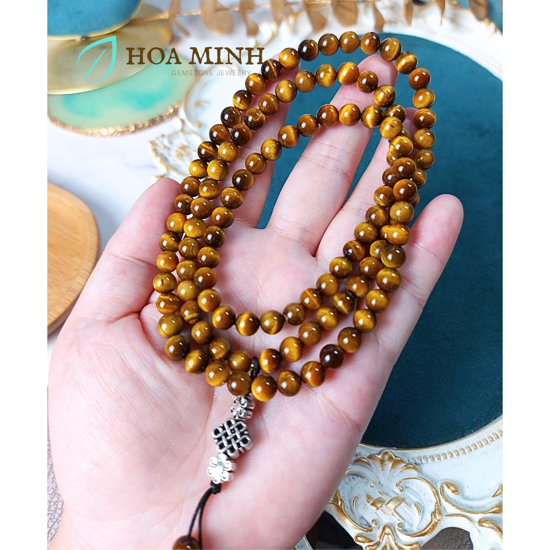 Vòng tay đá Mắt Hổ vàng nâu VIP 5A tự nhiên chuỗi 108 hạt size 6 li phối charm cát tường hoa mai bình an, lộc phát