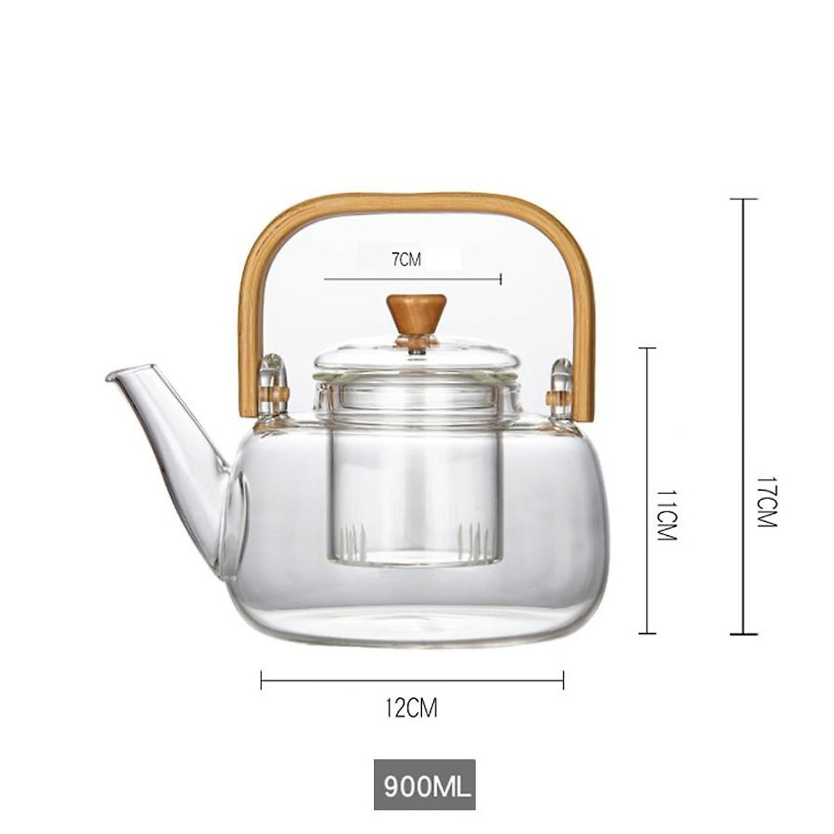 Bình pha trà thủy tinh, ấm trà thủy tinh có lõi lọc quai cầm bằng tre chịu nhiệt cực tốt dung tích 900ml