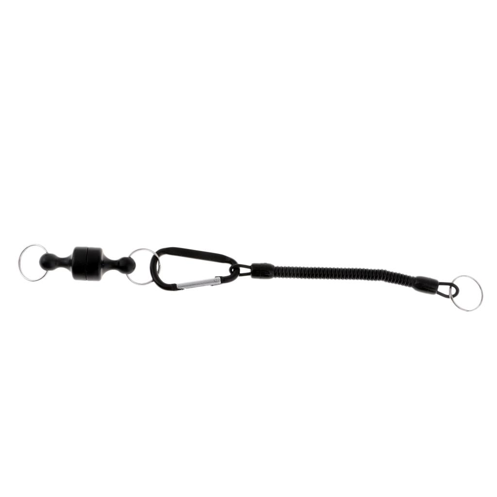 Steel Wire Fishing Coiled Lanyard w/ Magnetic Net Release & Buckle Black