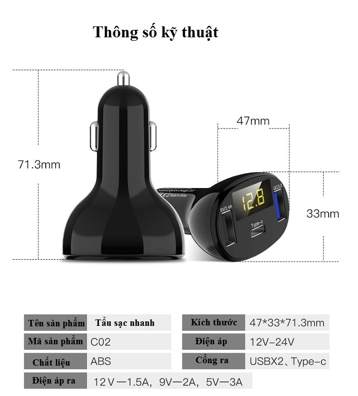 Sạc điện thoại trên ô tô C02 ( Tặng kèm 02 gương cầu lồi gắn trên ô tô )