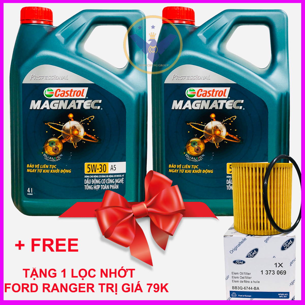 Bộ 2 nhớt tổng hợp Castrol Magnatec Professional 5W-30 tặng 1 lọc nhớt cho xe Ford Ranger