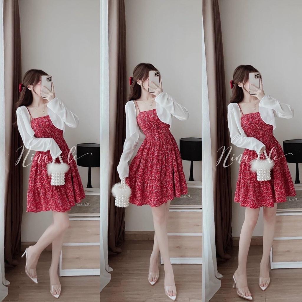 Set đầm hai dây hoa nhí màu đỏ xếp tầng kèm áo khoác dài tay siêu xinh