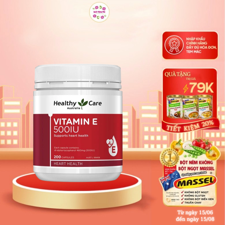 Vitamin E Úc Healthy Care Vitamin E 500IU Hỗ Trợ Hệ Thống Tim Mạch, Giúp Làm Đẹp Da, Mượt Tóc Và Chống Lão Hóa - 200 Viên - QuaTangMe Extaste