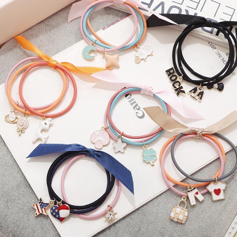 Dây buộc tóc set 3 dây, nhiều hình và sợi màu dây ngẫu nhiên