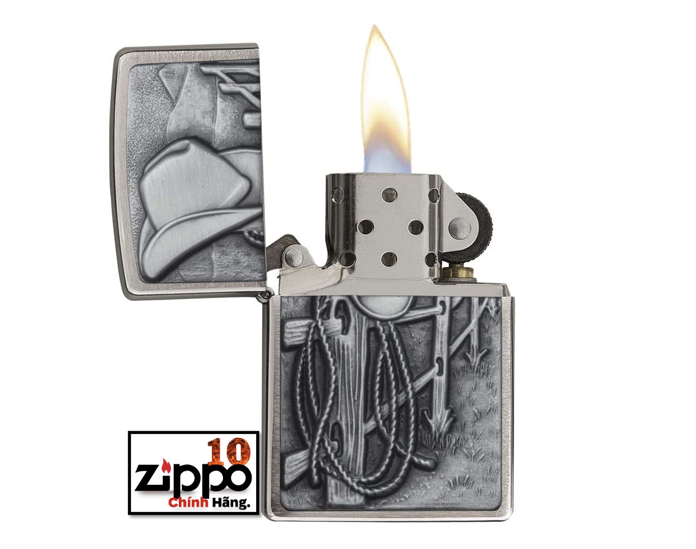 Bật lửa Zippo 24879 Cowboy Hat and Rope Emblem Brushed Chrome - Chính hãng 100%