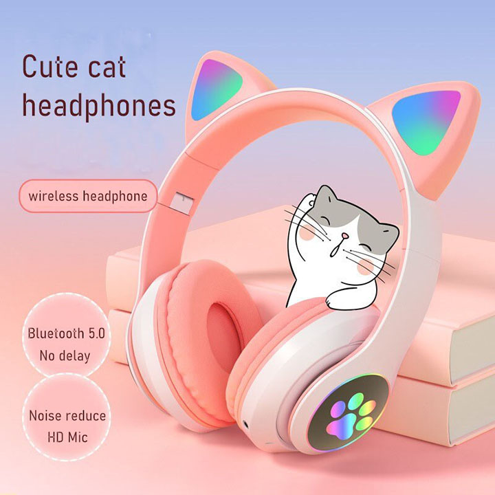 Tai nghe chụp tai headphone bluetooth Hewolf tai nghe mèo không dây hàng chính hãng có đèn LED nghe nhạc chơi game đàm thoại dùng được cho điện thoại, laptop, máy tính