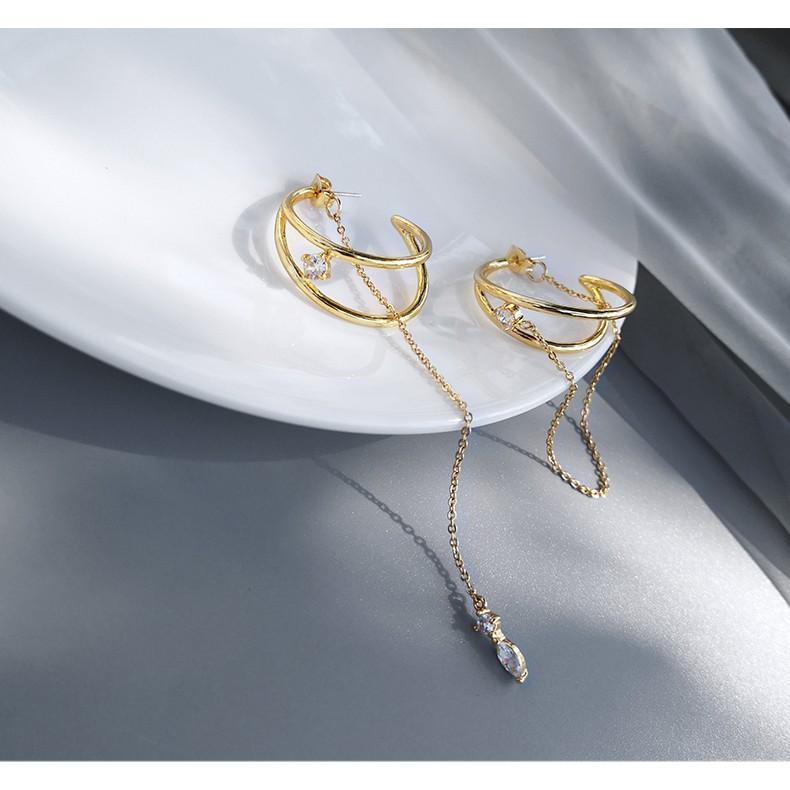 Bông tai tua rua bất đối xứng dạng nhẫn đôi mạnh mẽ và tôn lên khuôn mặt gầy theo phong cách Hàn Quốc - E00001
