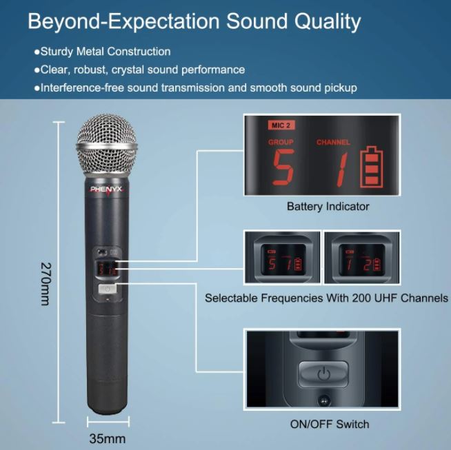 Hệ thống micrô không dây UHF cầm tay kép Phenyx Pro PTU-71A chính hãng với 2x200 kênh (530 - 580MHz)