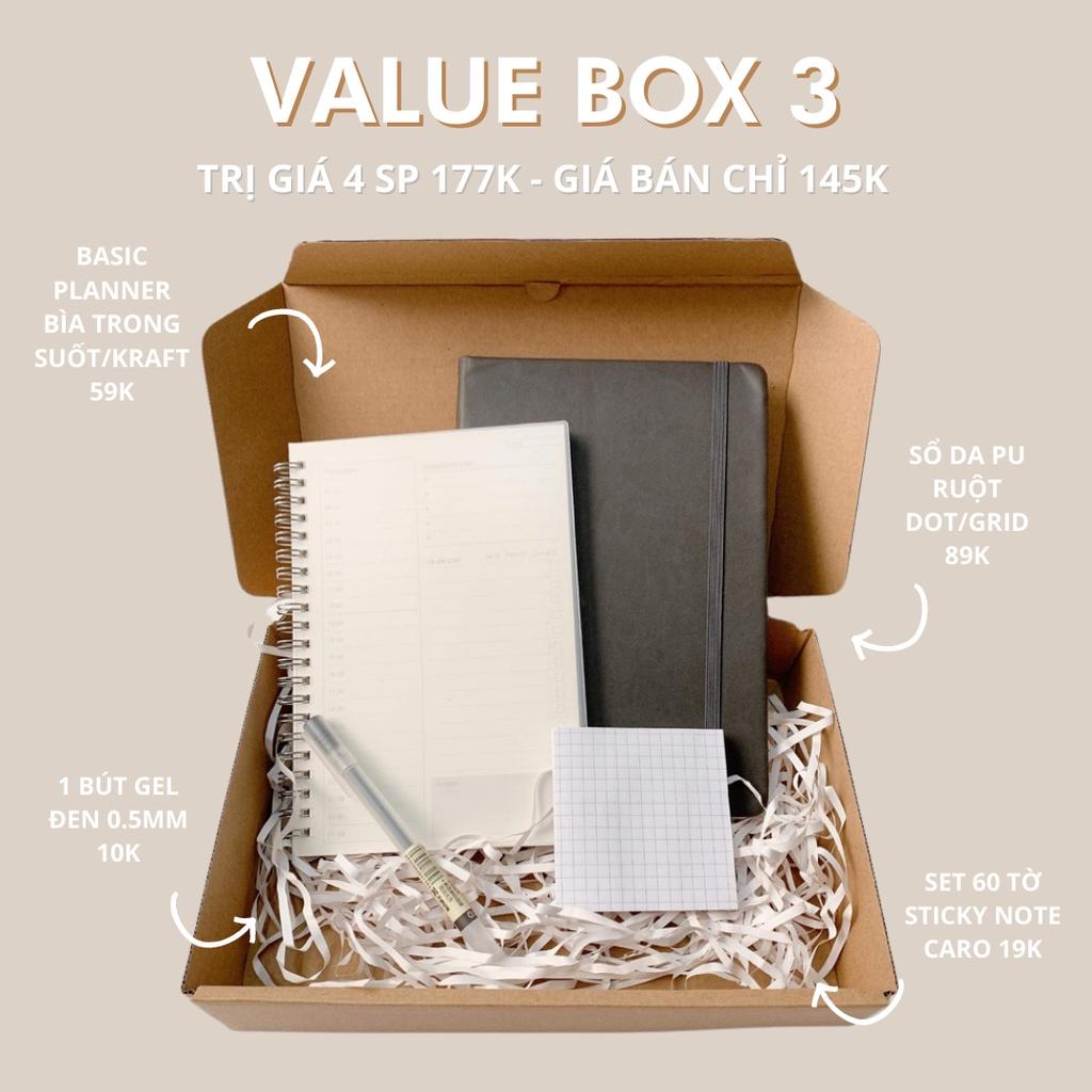 Value Stationery Box 3 - Gồm sổ Planner, sổ bìa da PU, giấy note, bút gel đen - Quà tặng giáng sinh Noel