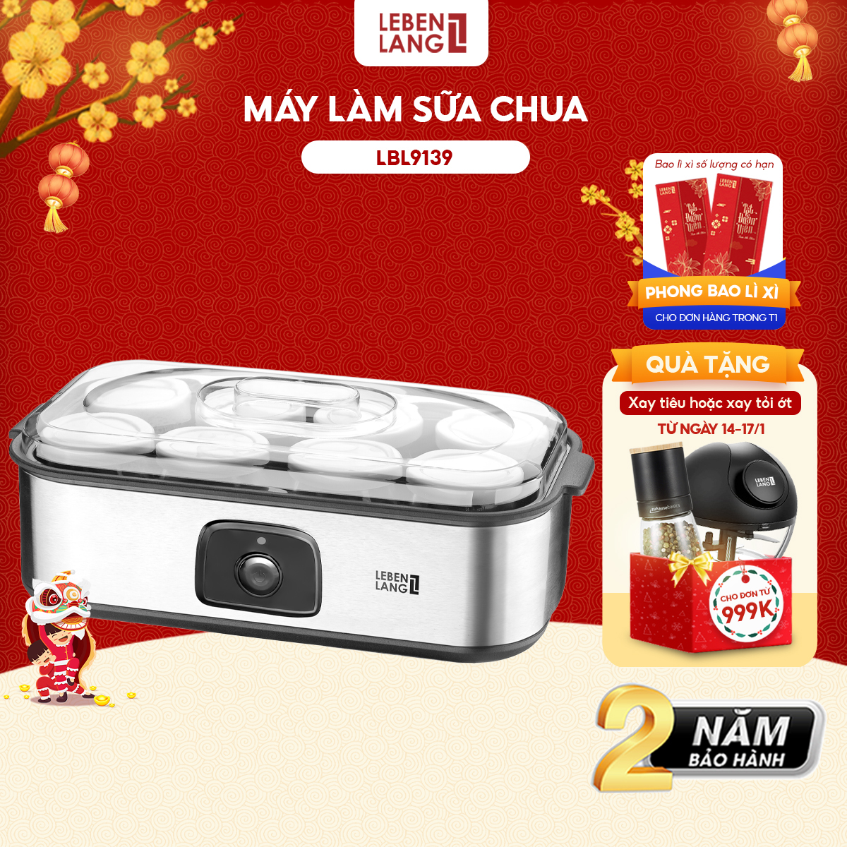 Máy làm sữa chua Lebenlang LBL9139, công suất 200W, dung tích 180ml, gồm 8 lọ thủy tinh, bảo hành 2 năm - hàng chính hãng