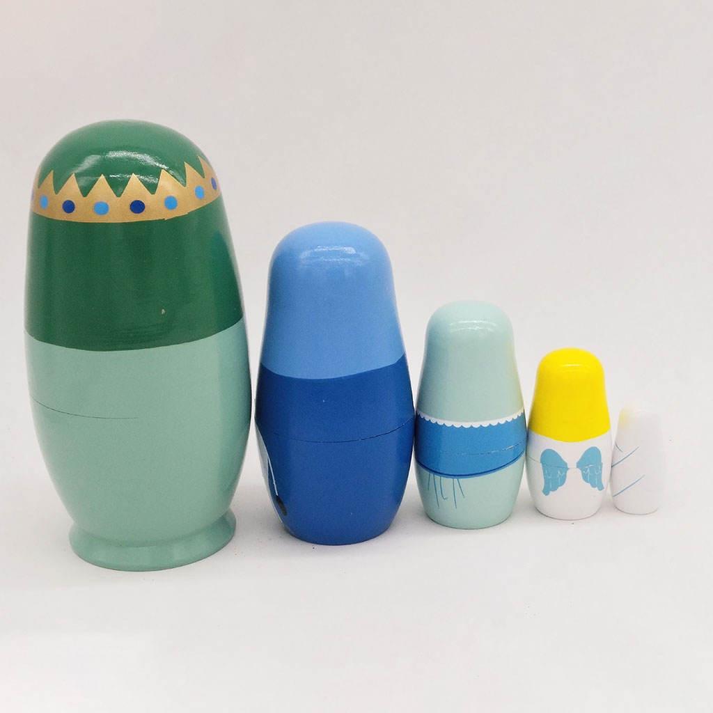 Set of 5 Cartoon Matryoshka Wooden Russian Nesting Dolls Handmade Home Decor