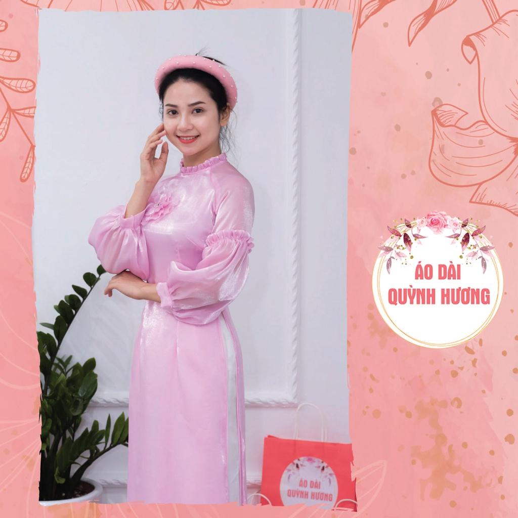 Áo dài voan hồng cánh sen tay bồng cách điệu