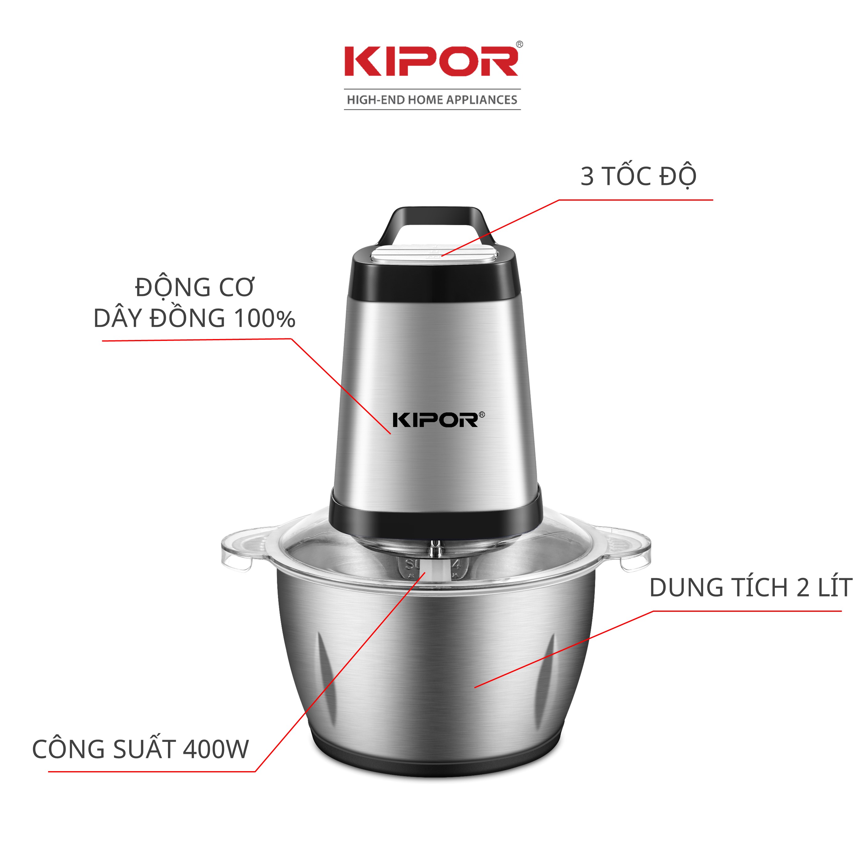 Máy xay thịt đa năng KIPOR KP-MC502 - Cối Inox 304, dung tích 2L, 4 lưỡi dao bằng thép  - Hàng Chính Hãng