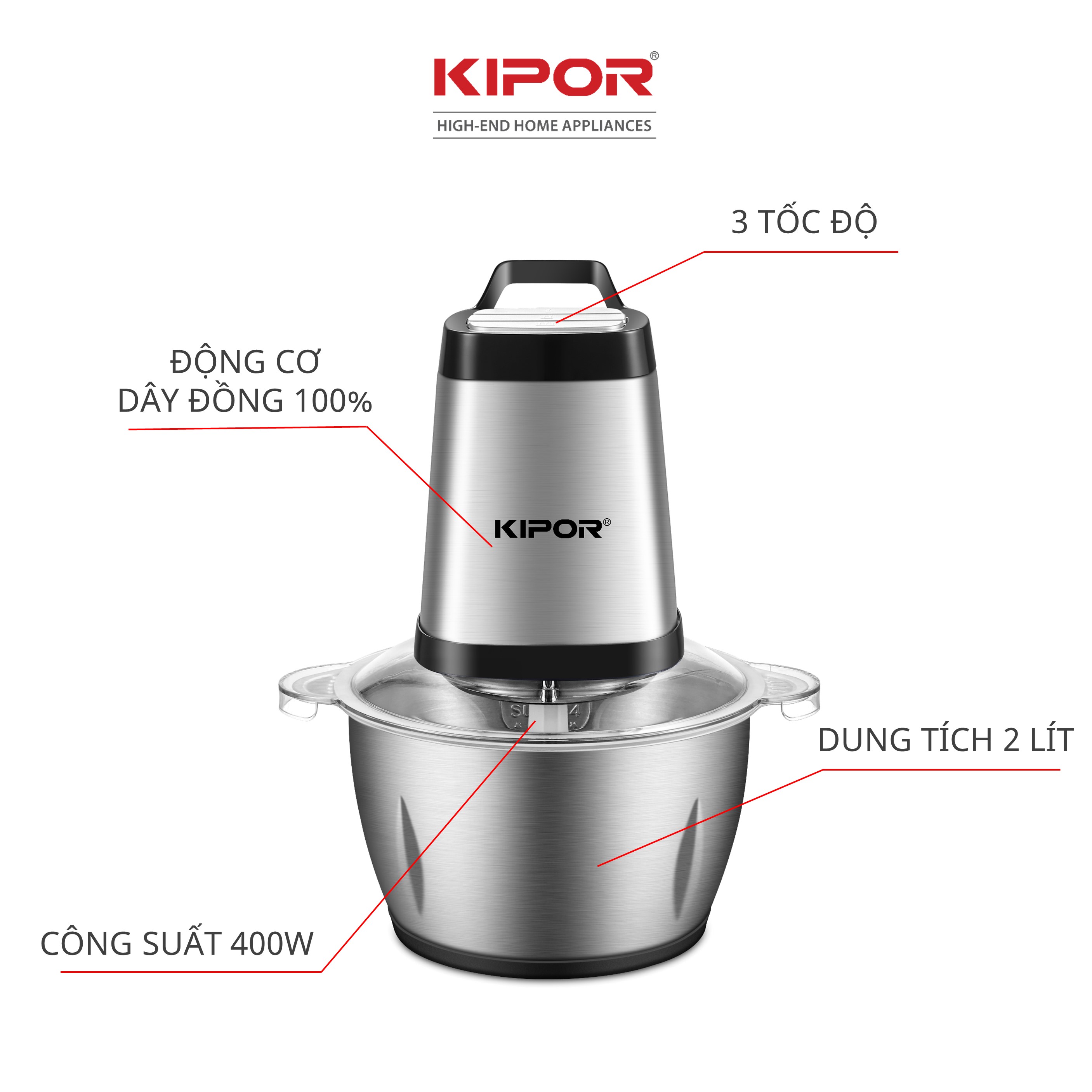 Máy xay thịt đa năng KIPOR KP-MC502 - Cối Inox 304, dung tích 2L, 4 lưỡi dao bằng thép (400W) - Hàng Chính Hãng