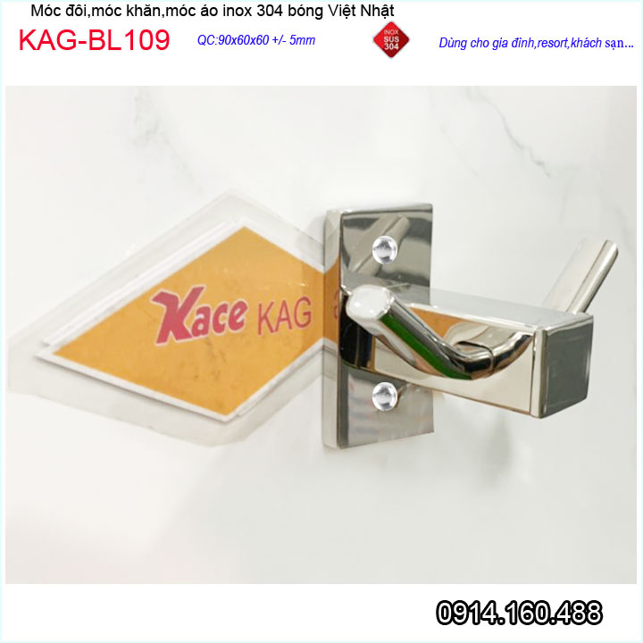 Móc khăn 2 Inox Kace KAG-BL109 , móc đôi SUS304 Nhật Bản móc treo đồ đế đúc vuông thiết kế cao cấp sử dụng tiện dụng