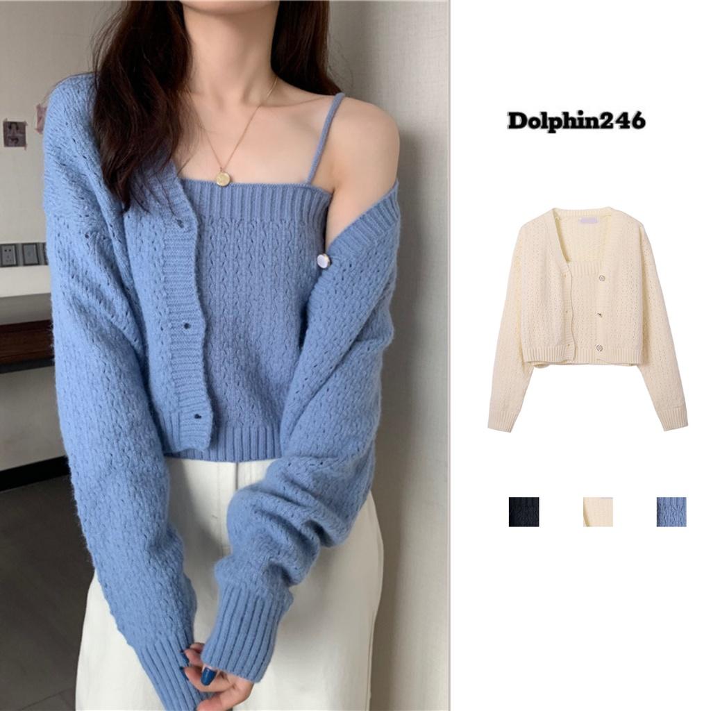 Áo khoác cardigan nữ set 2 chi tiết kèm áo hai dây len dệt kim nữ dài tay dáng ngắn ulzzang phong cách Hàn Quốc C-9