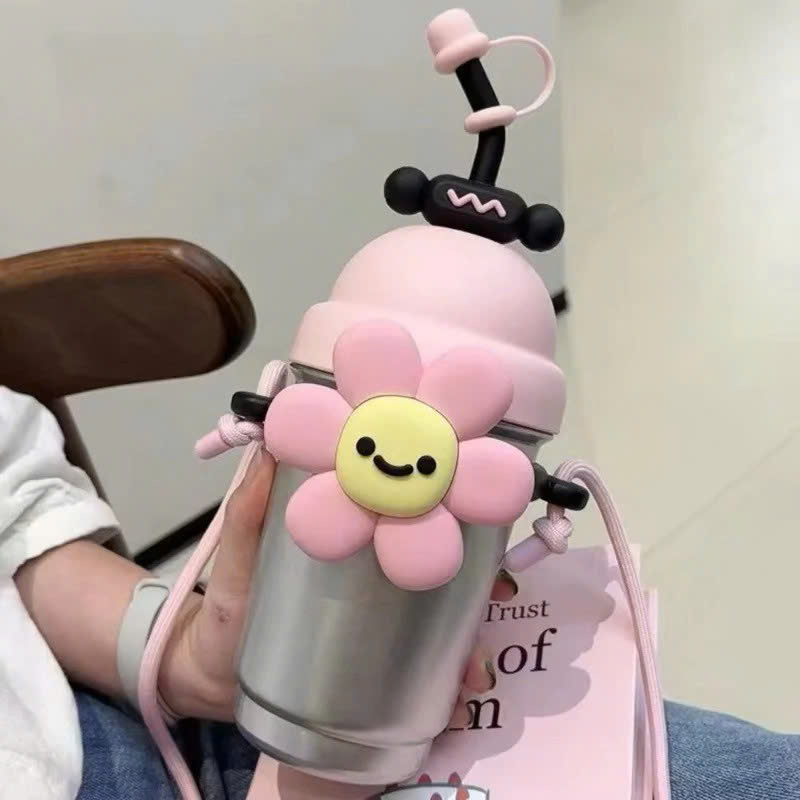 Bình Giữ Nhiệt Hoa Dễ Thương 700ML Inox 316 Cao Cấp – Kèm Ống Hút, Dây Đeo, Sticker &amp; Cọ Vệ Sinh - HÀNG CHÍNH HÃNG MINIIN