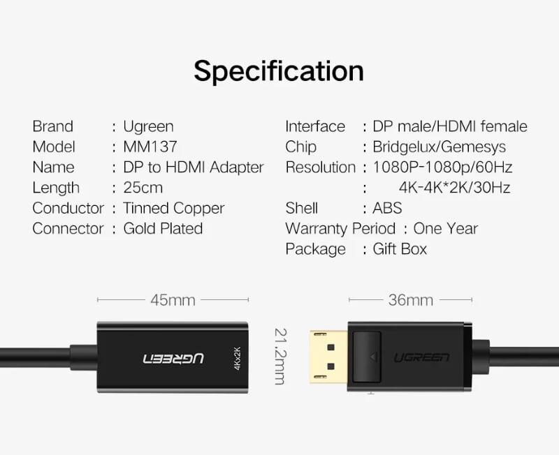 Ugreen UG40363MM137TK Màu Đen Cáp chuyển đổi DisplayPort sang HDMI V1.4 hỗ trợ phân giải 4K 2K - HÀNG CHÍNH HÃNG