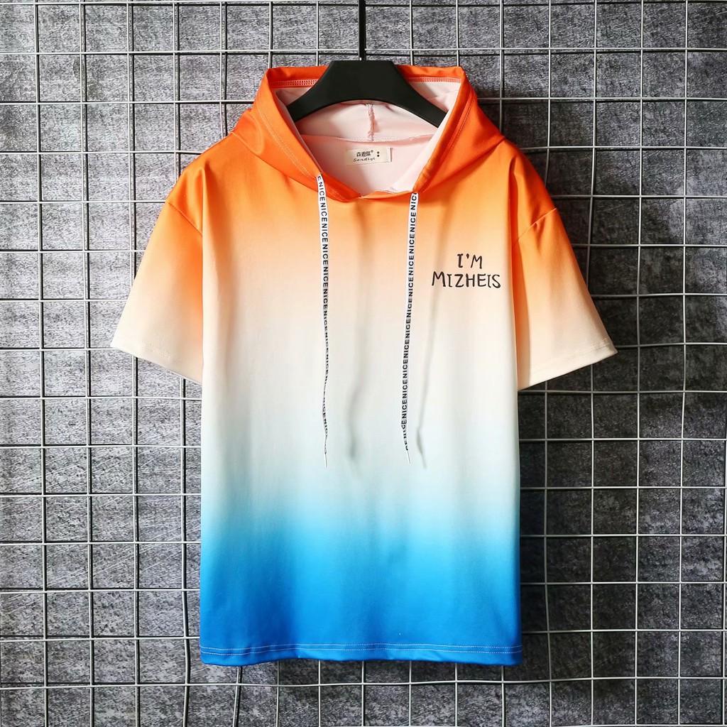 Áo Hoodie Tay Ngắn Dáng Rộng Phối Màu Gradient Thời Trang Mùa Hè