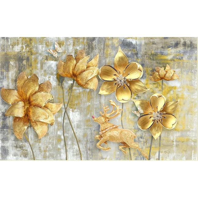 Tranh dán tường Hoa mẫu đơn vàng trên tường độc đáo, Tranh dán tường 3d hiện đại  MS1152523