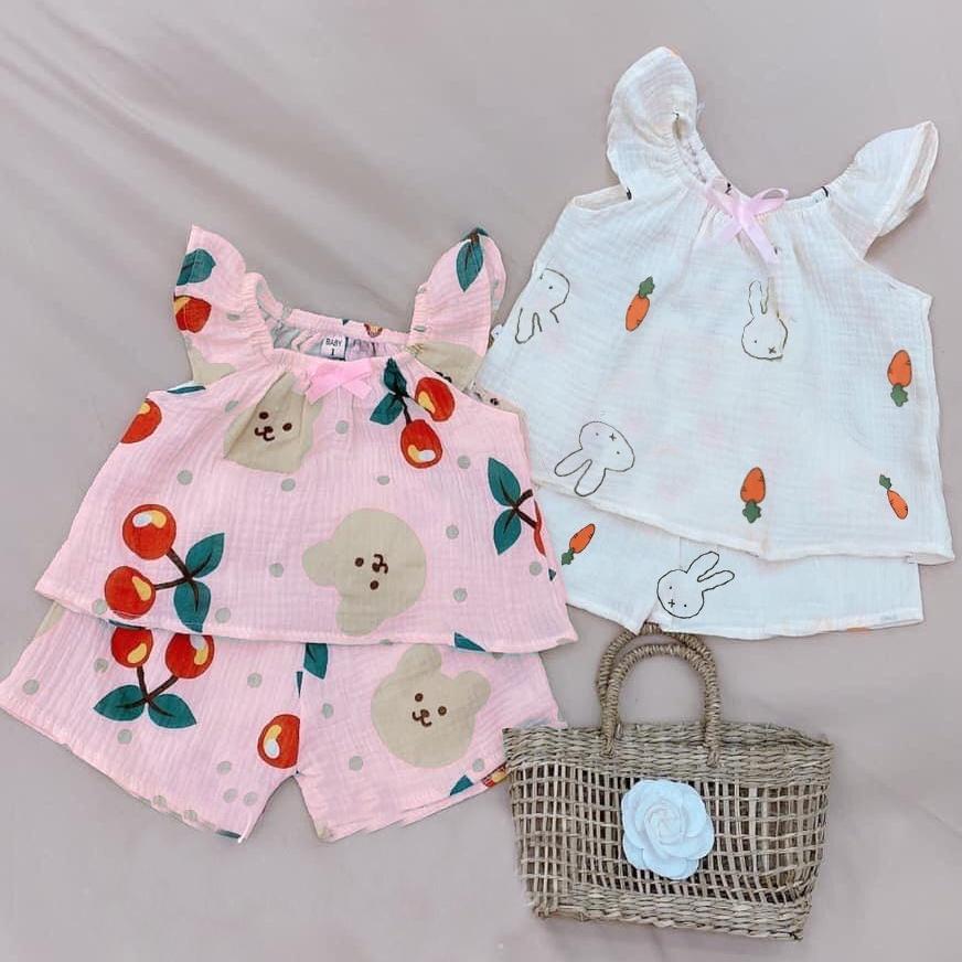 Đồ bộ bé gái 8 đến 16 kg vải xô Muslin QATE751 - bộ 2 dây bé gái xinh xắn