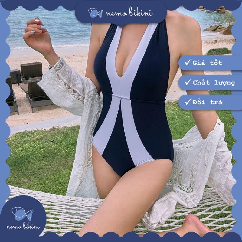 Nemo Bikini - Đồ bơi nữ, áo tắm, đồ bơi 1 mảnh liền thân tôn dáng phối sọc đen trắng