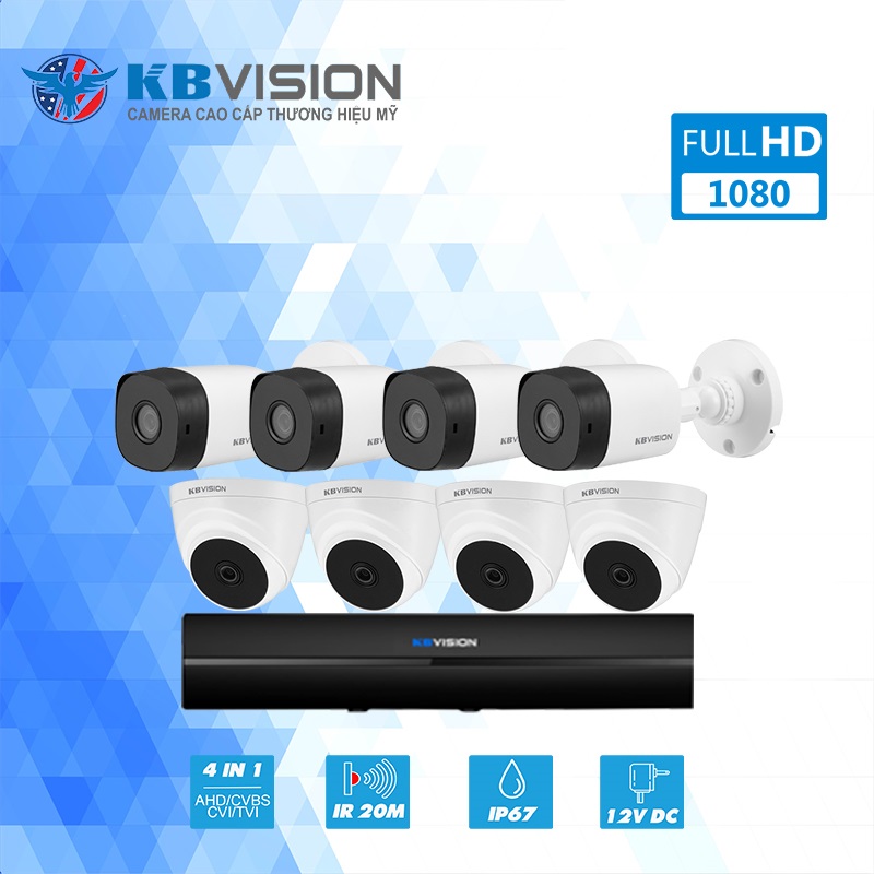 Trọn bộ 8 camera KBVISION Full HD 1080p - Hàng chính hãng