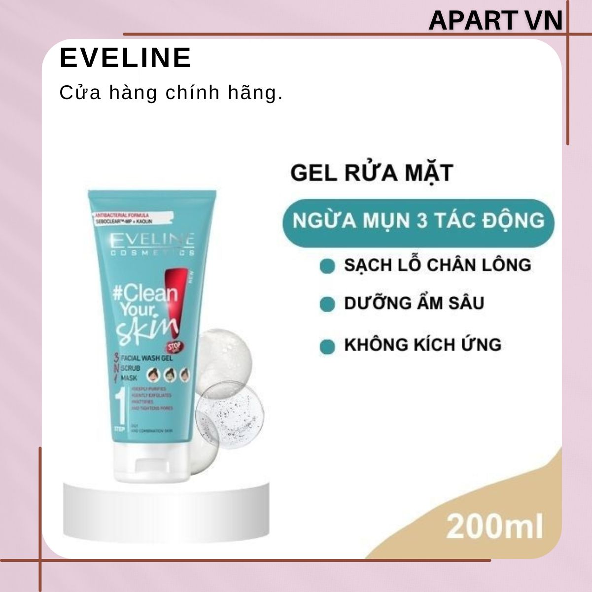 Gel rửa mặt sạch sâu ngừa mụn Eveline 3 trong 1 Clean Your Skin 200ml