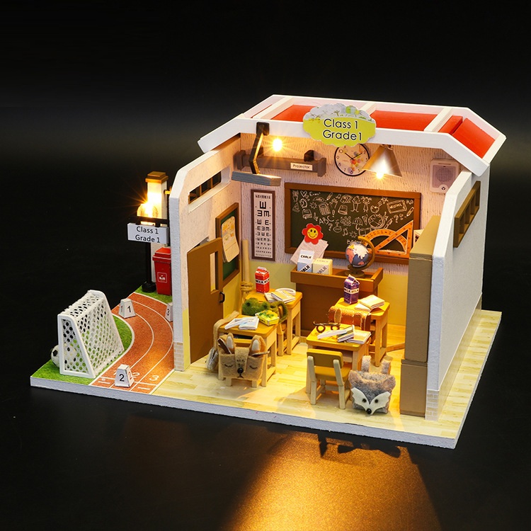 Mô hình nhà DIY Doll House Lớp học Class 1 Kèm Đèn LED và MICA chống bụi