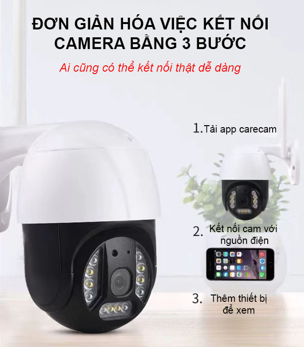 Camera Carecam PTZ 3.0Mps 2 Râu 12 Led, Camera Ngoài trời 360 độ PTZ Full HD Giám Sát Quay Đêm Có Màu- Hàng Chính Hãng