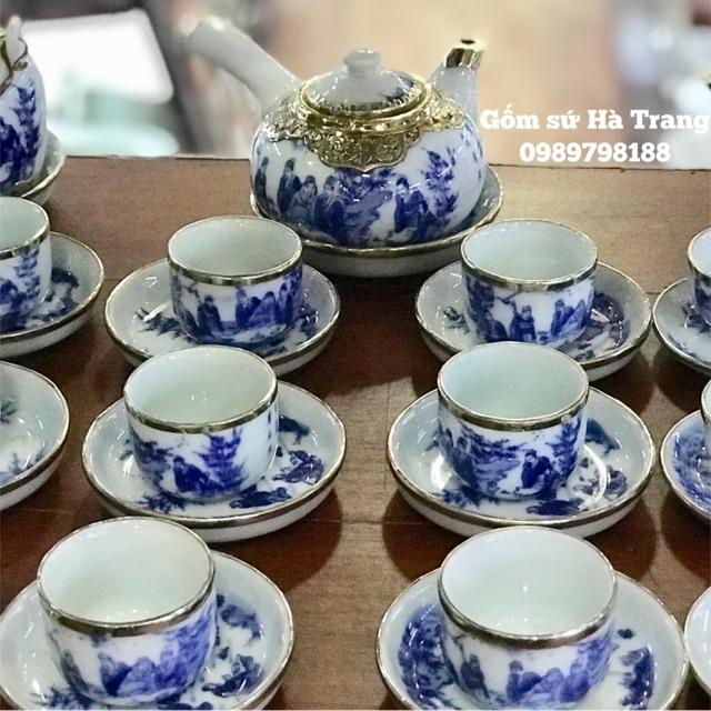 Ấm chén Bát Tràng Bọc đồng Hoạ tiết trúc lâm thất hiền