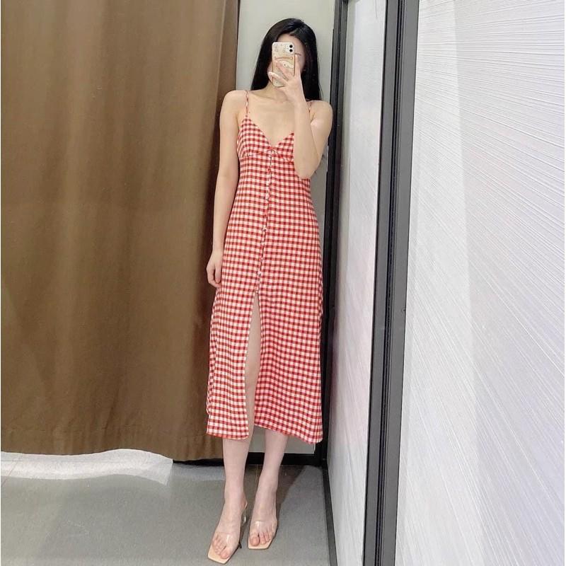 Váy Maxi 2 Dây Kẻ Đỏ Dáng Dài Có Ảnh Thật Kèm Video