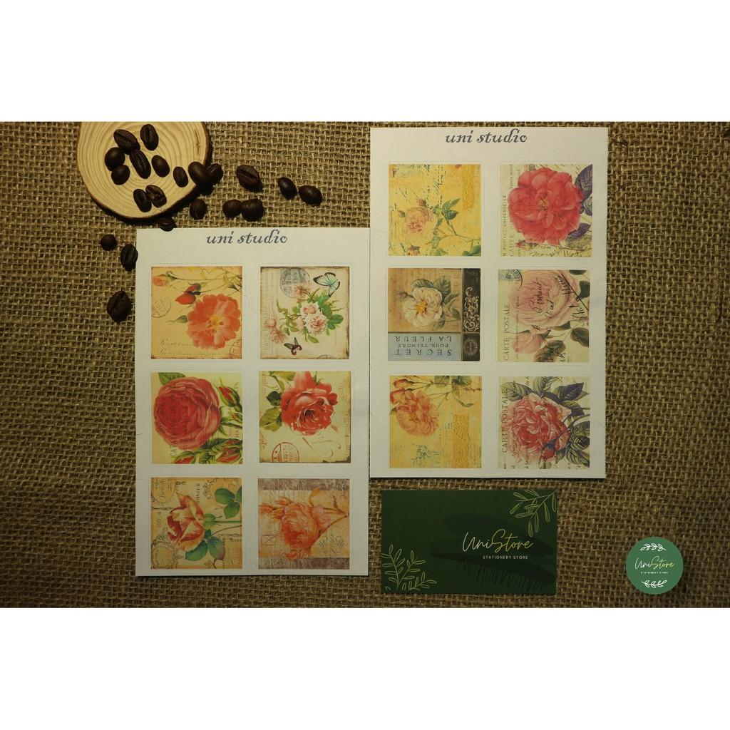 set 2 tấm sticker vintage - sticker post card vintage chủ đề hoa hồng - uni005