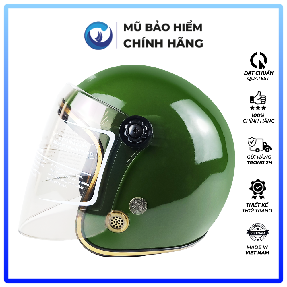 Mũ Bảo Hiểm 3/4 Blue Sea - Có Kính Dài - ABS Nguyên Sinh - A100K - Chắn Gió Cao Cấp - Chính hãng