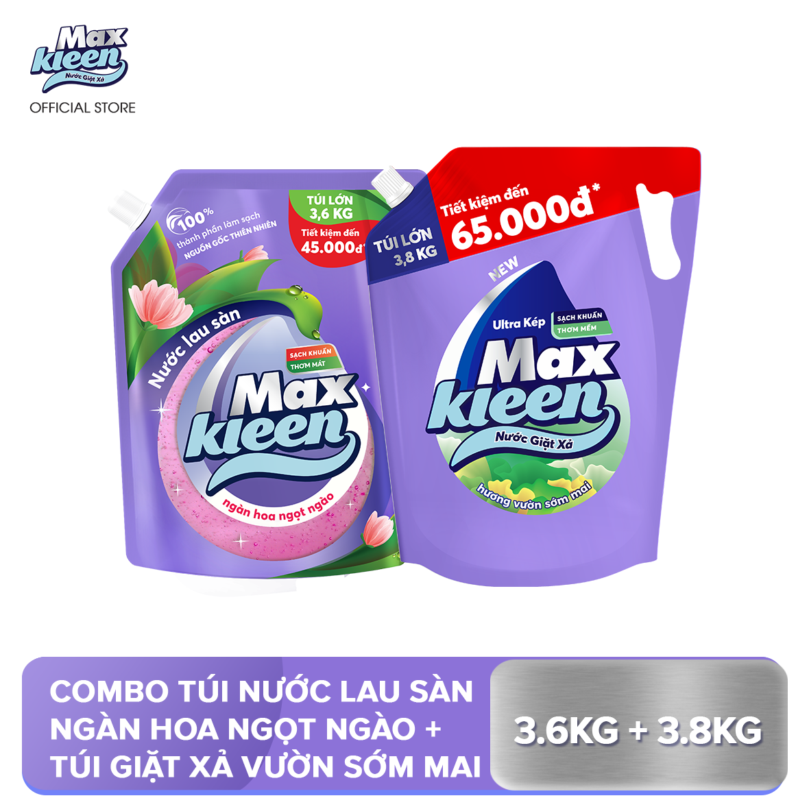 Combo Túi Nước Lau Sàn 3.6kg Ngàn hoa ngọt ngào + Túi Nước Giặt Xả MaxKleen 3.8kg Vườn Sớm Mai