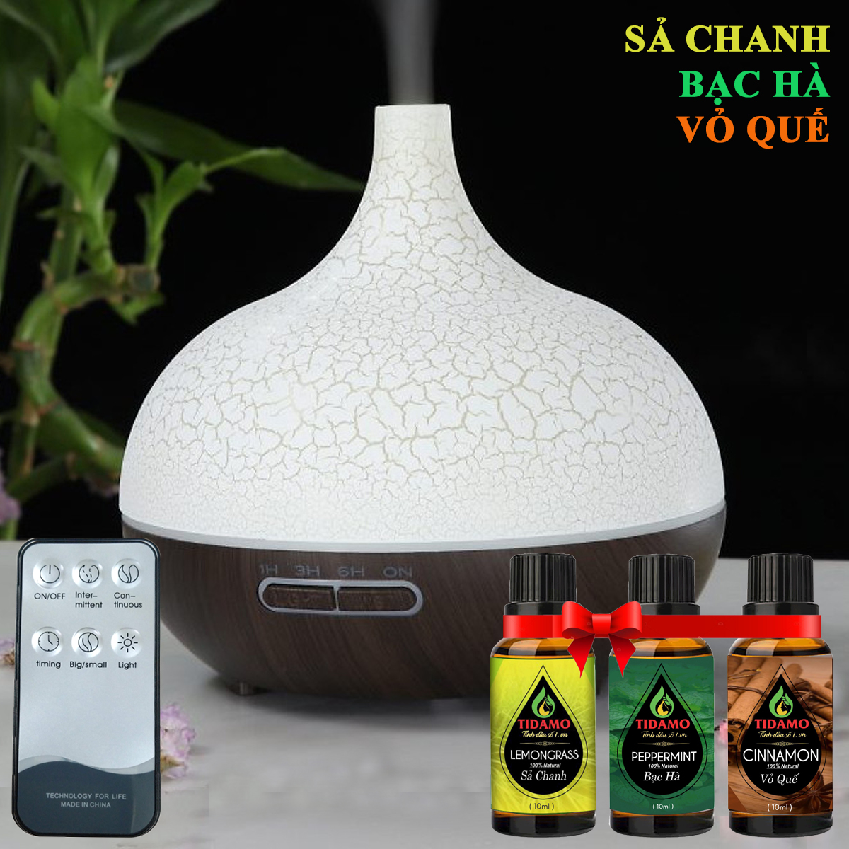 Combo Máy Xông Tinh Dầu Cách Điệu Có Điều Khiển Từ Xa + Tinh Dầu Nguyên Chất TIDAMO (Tự Chọn) - Máy Khuếch Tán Tinh Dầu Giúp Thơm Phòng Thư Giãn, Đuổi Muỗi và Bảo Vệ Sức Khỏe