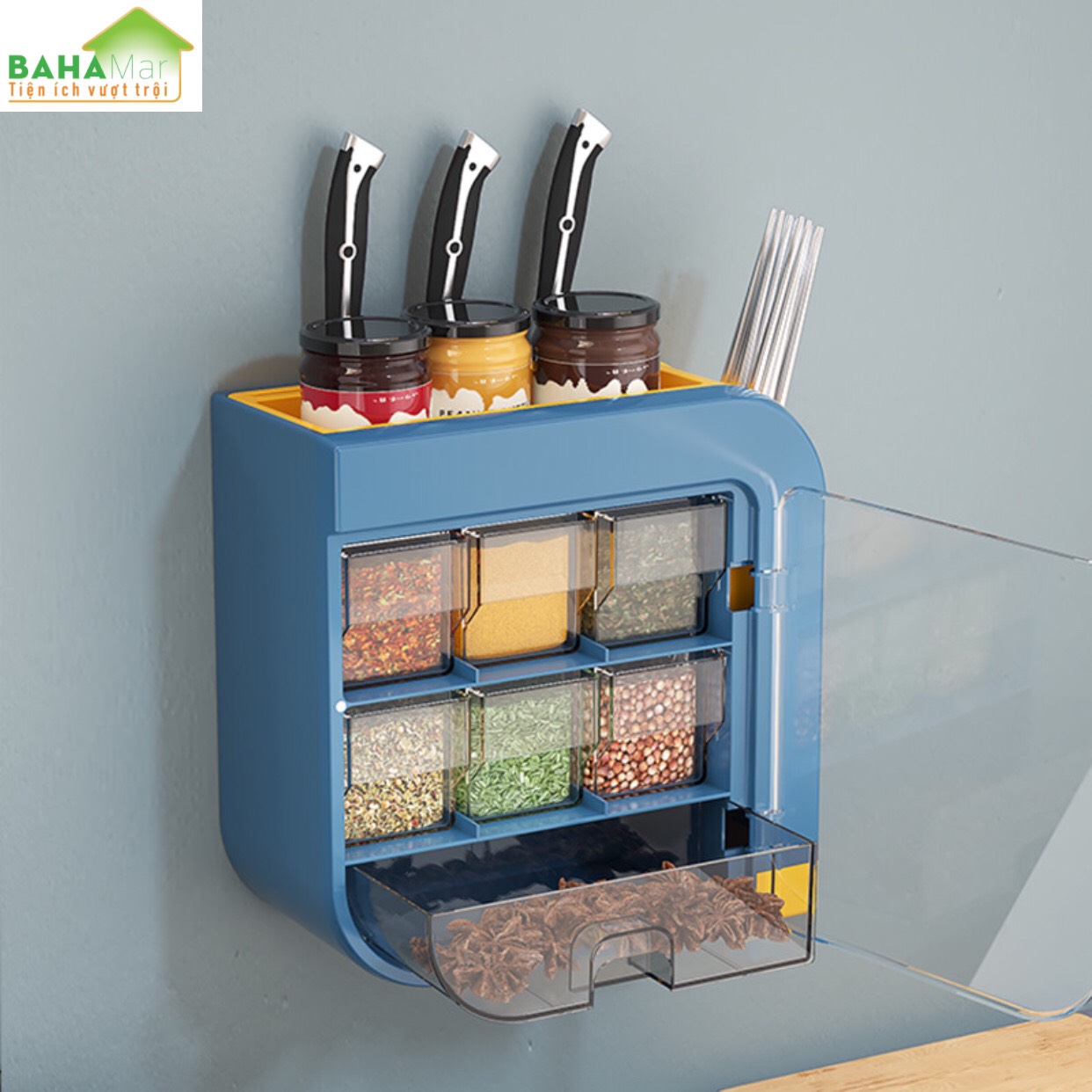 KỆ TREO TƯỜNG ĐA NĂNG ĐỰNG GIA VỊ NHÀ BẾP CẮM DAO VÀ ỐNG ĐŨA BAHAMAR sắp xếp và phân loại rõ ràng các loại gia vị và cắm dao đũa sạch sẽ khô ráo